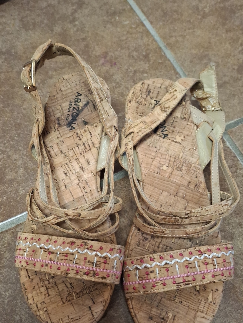 Arizona Jean Company Cork Embroidered Strappy Sandals in Tan and Pink